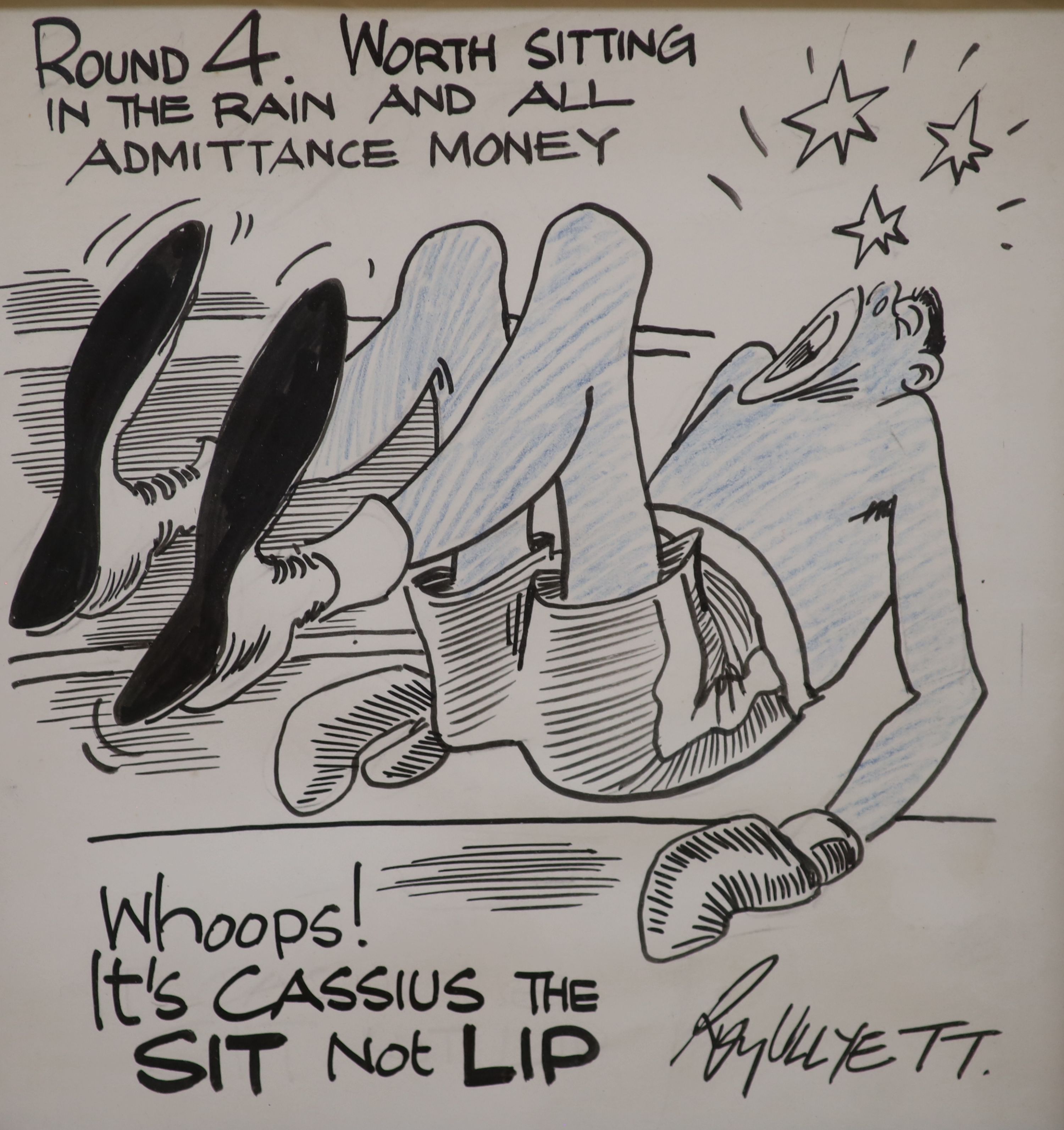 Roy Ullyett, original boxing cartoon, 'Whoops...Cassius, depicting the famous fight between Cassius Clay and Henry Cooper when Cooper hit Clay with a left hook and dumped Clay on the Canvas. Clay went on to win the fight